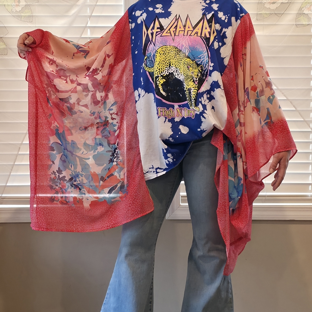 Upcycled Def Leppard Sheer Floral Pink Border Kimono Style Cover-Up